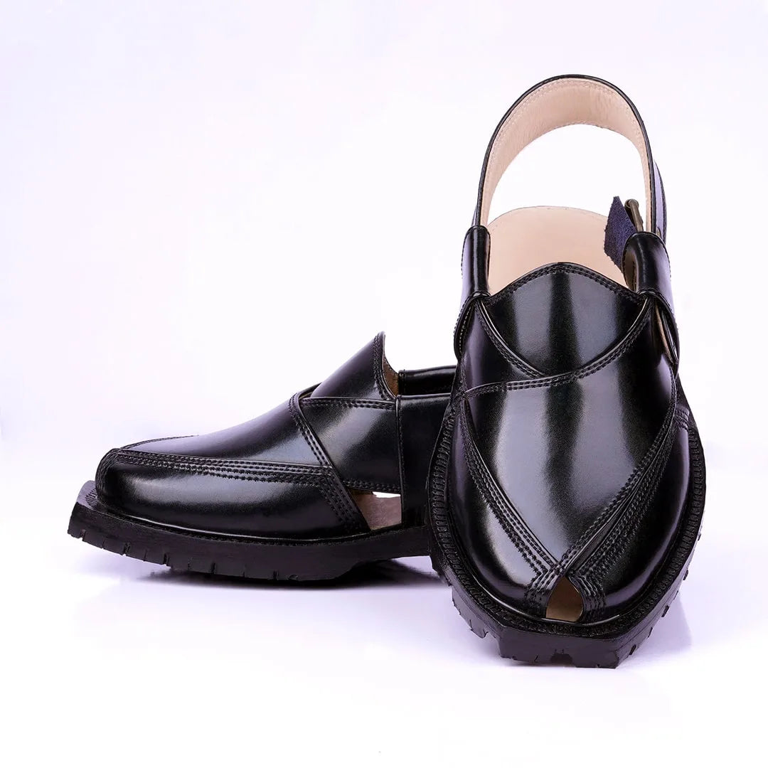 Jet Black DG KHAN Pure Leather Norozi Chappal with Double Sole