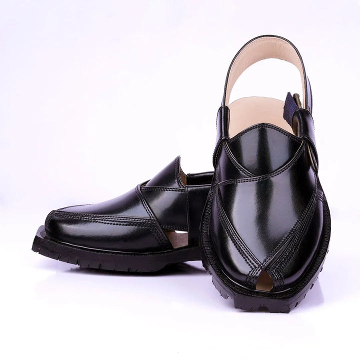 Jet Black DG KHAN Pure Leather Norozi Chappal with Double Sole