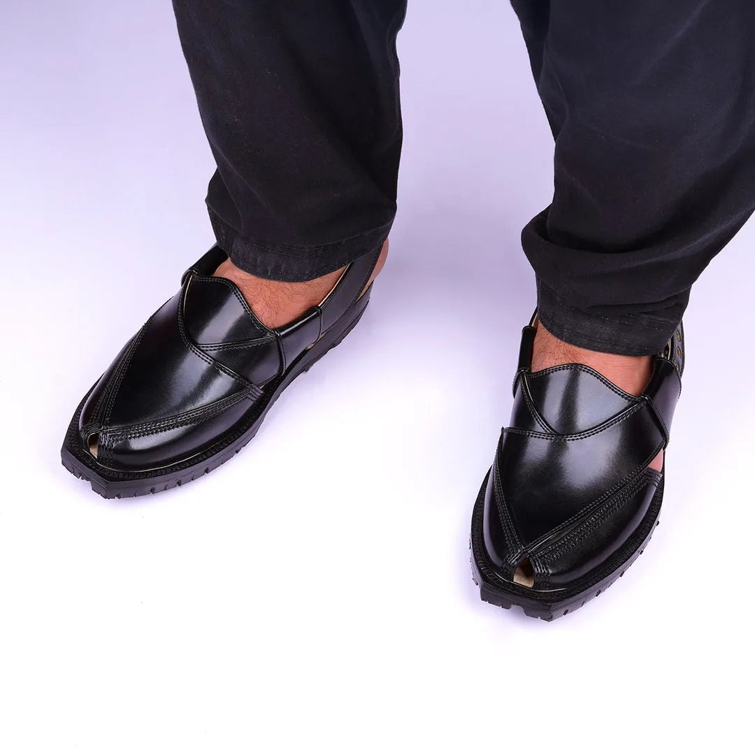 Jet Black DG KHAN Pure Leather Norozi Chappal with Double Sole