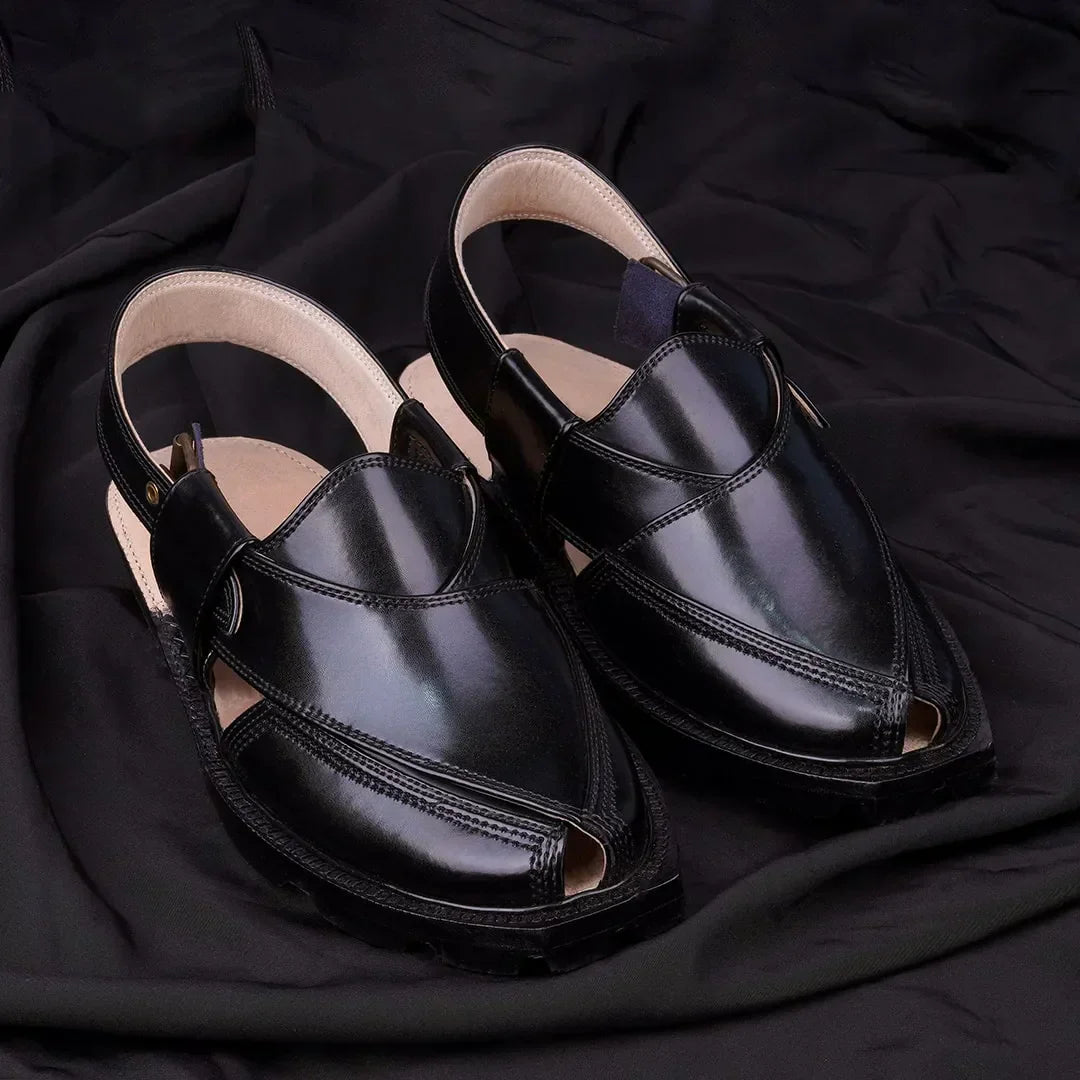 Jet Black DG KHAN Pure Leather Norozi Chappal with Double Sole