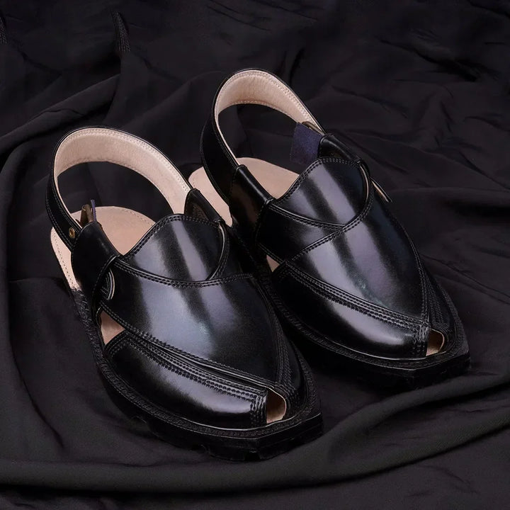 Jet Black DG KHAN Pure Leather Norozi Chappal with Double Sole